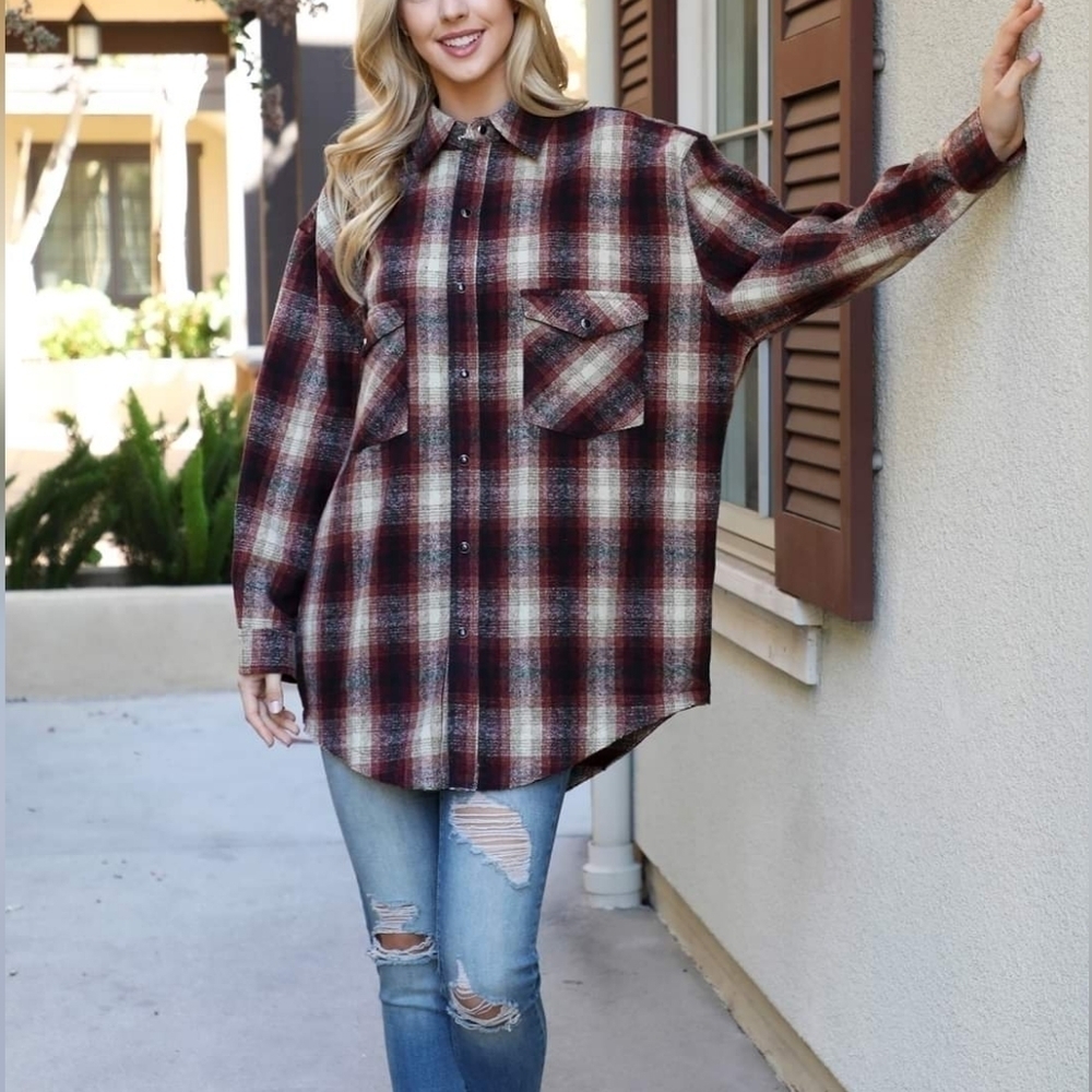 Women Long Sleeve Shirt Shacket Button Down Plaid Loose Oversized Casual Flannel